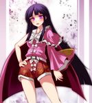  adapted_costume alternate_costume asymmetrical_clothes bad_id bad_pixiv_id belt black_hair cape contrapposto hand_on_hip highres hime_cut houraisan_kaguya long_hair open_mouth purple_eyes s-syogo shorts single_sleeve solo standing touhou very_long_hair wide_sleeves 