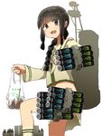  bag black_hair braid can drink energy_drink hair_over_shoulder kantai_collection kitakami_(kantai_collection) kneehighs machinery monster_energy o_takana_(ohtakana) plastic_bag purple_eyes school_uniform serafuku short_hair single_braid 