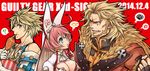  1girl arc_system_works blonde_hair blue_eyes breasts cleavage eating elphelt_valentine guilty_gear guilty_gear_xrd large_breasts leo_whitefang multiple_boys pink_hair 
