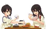  akagi_(kantai_collection) black_hair bowl chopsticks eating food food_on_face ichiman_nisen_yen kaga_(kantai_collection) kantai_collection long_hair multiple_girls rice rice_bowl side_ponytail 