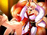  anal ass blonde_hair breasts clothed_female_nude_male femdom huge_breasts kistune kitsune monster_girl sweat 