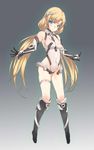  angela_balzac armor armpits bad_id bad_pixiv_id bangs bare_shoulders blonde_hair blue_eyes blush boots breasts colored_eyelashes covered_navel deva_battle_suit elbow_gloves expressionless full_body gloves gradient gradient_background grey_background groin halterneck head_tilt headgear high_heel_boots high_heels highleg highleg_leotard highres impossible_clothes impossible_leotard knee_boots kuro_(kuronell) leotard long_hair looking_at_viewer low_twintails medium_breasts outstretched_arms pilot_suit rakuen_tsuihou sideboob skin_tight solo spread_arms standing thigh_strap turtleneck twintails very_long_hair 