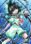  anchor anchor_symbol black_hair chain green_eyes hat hishaku looking_at_viewer midriff mosho murasa_minamitsu neckerchief open_mouth outstretched_arm sailor sailor_collar sailor_hat short_sleeves shorts solo touhou traditional_media underwater 