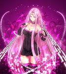  bare_shoulders breasts broken broken_chain buckle chain cleavage collar collarbone covered_navel dagger delicious_p dress elbow_gloves facial_mark fate/stay_night fate_(series) fingerless_gloves flower forehead_mark gloves highres large_breasts lips long_hair nameless_dagger parted_lips petals purple_eyes purple_hair rider shiny shiny_hair solo strapless strapless_dress thighhighs thighs very_long_hair weapon 