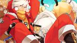  1girl blazblue cat_tail cd_case guilty_gear guilty_gear_xrd heterochromia hood hooded_jacket jacket ragna_the_bloodedge sack santa_costume scarf tail taokaka tomo_(tomorag7) white_hair 