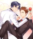  1girl bad_id bad_pixiv_id blue_hair brown_eyes brown_hair flower formal gekkan_shoujo_nozaki-kun green_eyes heart hori_masayuki kanapy kashima_yuu necktie necktie_grab neckwear_grab red_flower red_rose reverse_trap rose smile suit 