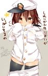  admiral_(kantai_collection) admiral_(kantai_collection)_(cosplay) bad_id bad_pixiv_id black_legwear blush borrowed_garments brown_hair clothes_sniffing cosplay hair_ornament hairclip hat highres ikazuchi_(kantai_collection) kantai_collection long_sleeves looking_at_viewer namekuji_(namekuzu) oversized_clothes pants_pull short_hair sketch sleeves_past_fingers sleeves_past_wrists smelling solo thighhighs translated v-shaped_eyebrows yellow_eyes 