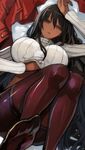  black_hair breasts brown_eyes clothes_lift dark_skin feet highres large_breasts long_hair lying original pantyhose pov_feet pupps ribbed_sweater solo sweater sweater_lift thighband_pantyhose turtleneck very_long_hair 