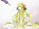  asanagi_00 blue_eyes bow braid dress flower gen_4_pokemon green_hair hair_ornament holding holding_flower legendary_pokemon long_hair looking_to_the_side open_mouth pale_skin personification pokemon shaymin sitting solo_focus very_long_hair white_background white_dress 