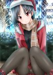  bangs black_legwear blush christmas_lights fur_trim hat highres knees_together_feet_apart looking_at_viewer original outdoors panties panties_under_pantyhose pantyhose plaid plaid_scarf santa_hat scarf short_hair sitting smile solo sparkle sumeragi_tomo tree underwear 