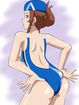  adjusting_clothes adjusting_swimsuit ass braid brown_hair competition_swimsuit green_eyes gundam gundam_build_fighters gundam_build_fighters_try hiro_(hiro-369) kamiki_mirai long_hair one-piece_swimsuit swim_cap swimsuit 