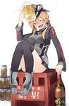  alcohol beer beer_can beer_mug blonde_hair blush can cup drunk happy hat holding holding_cup kantai_collection microskirt military military_hat military_uniform prinz_eugen_(kantai_collection) roll_okashi sake skirt smile solo thighhighs twintails uniform 