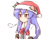  annoyed blue_hair commentary expressionless food fruit hat hat_ornament hinanawi_tenshi long_hair neck_ribbon peach raised_eyebrow red_eyes ribbon santa_hat sigh simple_background solo touhou upper_body wool_(miwol) 