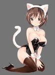  animal_ears bad_id bad_pixiv_id breasts brown_eyes brown_hair brown_legwear cat_ears cat_tail detached_collar hairband high_heels kantai_collection kittysuit kneeling large_breasts leotard melompan natori_(kantai_collection) open_mouth short_hair solo tail thighhighs white_hairband 