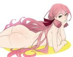  akashi_(kantai_collection) ass ban breasts chin_rest downscaled green_eyes jpeg_artifacts kantai_collection large_breasts long_hair looking_at_viewer lying md5_mismatch nude on_stomach pink_hair resized simple_background smile solo very_long_hair white_background 