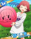  :d balloon blush blush_stickers character_name character_signature closed_eyes hood hoodie idolmaster idolmaster_million_live! nonohara_akane official_art open_mouth oversized_object red_hair short_hair smile solo 