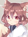  :o bad_id bad_pixiv_id blush brown_eyes brown_hair grey_background hair_ornament hairclip ikazuchi_(kantai_collection) kantai_collection kemonomimi_mode momoirone short_hair twitter_username 