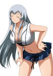 black_ribbon blue_skirt breasts chouun_shiryuu cleavage closed_eyes collarbone groin hand_on_hip ikkitousen jpeg_artifacts large_breasts leaning_forward long_hair navel ribbon shiny shiny_skin silver_hair simple_background skirt smile solo white_background 