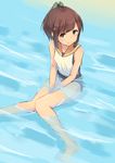  azu_(azusayumix) barefoot brown_eyes brown_hair i-401_(kantai_collection) kantai_collection knees_together_feet_apart looking_at_viewer looking_up partially_submerged ponytail school_swimsuit school_uniform short_hair short_ponytail sitting solo swimsuit swimsuit_under_clothes tan v_arms water 