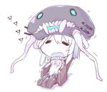  cape chibi closed_eyes headgear kantai_collection looking_at_viewer massage_chair open_mouth shinkaisei-kan short_hair simple_background sitting solo translated trembling tunamayochan white_background white_hair white_skin wo-class_aircraft_carrier 