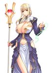  blonde_hair braid breasts cleavage dungeons_&amp;_princess gigantic_breasts green_eyes hair_over_shoulder magaki_ryouta magic midriff navel single_braid smile solo staff 