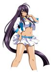  antenna_hair belt black_hair breasts cleavage crop_top cropped_legs groin hair_over_one_eye ikkitousen jpeg_artifacts kan'u_unchou large_breasts long_hair looking_at_viewer navel shiny shiny_skin simple_background skirt solo very_long_hair white_background white_skirt 