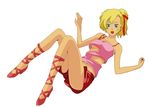  asymmetrical_clothes bare_arms blonde_hair blue_eyes breasts cross-laced_footwear elle_vianno full_body gundam gundam_zz hair_ribbon iracco medium_breasts navel open_mouth pink_footwear ponytail ribbon shoes solo underboob white_background 