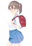  backpack bag blush brown_hair highres japanese_clothes kaga_(kantai_collection) kantai_collection looking_at_viewer pleated_skirt pout randoseru side_ponytail simple_background skirt solo tunamayochan white_background yellow_eyes 