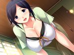  1girl all_fours blue_eyes blue_hair blush breasts cleavage from_below game_cg hanging_breasts hanitsuma,_hanitsuma_append_disc_&ldquo;cosplay_tengoku&rdquo; hanitsuma,_hanitsuma_append_disc_â€œcosplay_tengokuâ€ highres huge_breasts looking_at_viewer open_mouth shinonome_kasuhiko shinonome_kazuhiko smile 