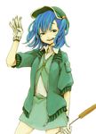  bad_id bad_pixiv_id blue_eyes blue_hair cattail collared_shirt dress_shirt gloves hair_bobbles hair_ornament hand_up hat jacket kawashiro_nitori key looking_at_viewer open_mouth plant shirt shiru_(qtb) short_hair short_sleeves skirt skirt_set smile solo touhou two_side_up waving white_gloves white_shirt 