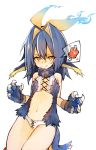  :p blue_hair boned_meat claws engawa_oishii flat_chest food gloves meat midriff multicolored_hair navel paw_gloves paws simple_background smile tail tongue tongue_out white_background 