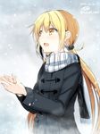  2014 blonde_hair coat dated gin'ichi_(akacia) highres kantai_collection long_sleeves open_mouth satsuki_(kantai_collection) scarf signature snow snowing twintails twitter_username winter_clothes winter_coat yellow_eyes 