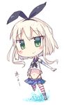  alternate_hairstyle chibi elbow_gloves gloves green_eyes hairband kantai_collection light_brown_hair looking_at_viewer navel pleated_skirt school_uniform serafuku shimakaze_(kantai_collection) short_hair skirt solo striped striped_legwear thighhighs translation_request tunamayochan white_gloves 