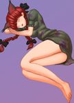  absurdres animal_ears bare_legs barefoot bow braid closed_eyes dress full_body green_dress hair_bow highres kaenbyou_rin legs lying on_side open_mouth red_hair short_dress short_hair simple_background sleeping solo syuraime_0 touhou twin_braids 