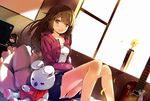  :d bed brown_eyes brown_hair casual character_doll dutch_angle electric_guitar flower guitar hair_ornament hairclip hirasawa_yui instrument jojofon k-on! long_hair looking_at_viewer open_mouth original petals pillow pleated_skirt sitting skirt smile solo stuffed_animal stuffed_bunny stuffed_toy 