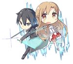  1girl asuna_(sao) black_eyes black_hair brown_eyes brown_hair chibi dual_wielding holding kirito long_hair looking_at_viewer pleated_skirt sketch skirt sword sword_art_online thighhighs tunamayochan weapon white_legwear zettai_ryouiki 