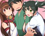  2girls arm_hug artist_self-insert bad_id bad_pixiv_id banned_artist black_hair breasts brown_hair detached_sleeves faceless faceless_male flower girl_sandwich green_eyes japanese_clothes jealous kantai_collection large_breasts long_hair multiple_girls ponytail red_eyes sandwiched shin'en-san shin'en_(gyokuro_company) short_hair twintails yamato_(kantai_collection) zuikaku_(kantai_collection) 