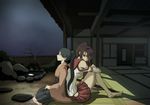  back-to-back bad_id bad_pixiv_id barefoot black_hair boushi-ya brown_hair houshou_(kantai_collection) japanese_clothes japanese_house kantai_collection leg_hug long_hair multiple_girls ponytail profile sitting skirt tatami veranda yamato_(kantai_collection) 