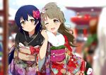  ;d blue_hair blurry blush breath brown_hair depth_of_field downscaled floral_print fur_trim hair_ornament japanese_clothes kimono long_hair love_live! love_live!_school_idol_project md5_mismatch minami_kotori multiple_girls obi ogipote one_eye_closed open_mouth resized sash smile sonoda_umi yellow_eyes 