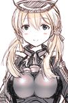  anchor_hair_ornament blonde_hair blue_eyes blush_stickers breasts hair_ornament hair_ribbon kantai_collection large_breasts long_hair long_sleeves looking_at_viewer military military_uniform prinz_eugen_(kantai_collection) ribbon simple_background smile solo taut_clothes unidama_(ukidama) uniform white_background 