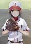  baseball_cap baseball_mitt baseball_uniform black_eyes black_hair blush clothes_writing hat kentaurosu looking_at_viewer original short_hair solo sportswear sweat 