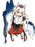  animal_ears bare_shoulders detached_sleeves full_body geta hand_on_hip hand_on_own_head hat inubashiri_momiji pom_pom_(clothes) red_eyes ribbon-trimmed_sleeves ribbon_trim short_hair silver_hair simple_background solo tail tokin_hat touhou white_background wolf_ears wolf_tail zzzzzzzzzzzzzzp 