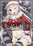 ;d bad_id bad_pixiv_id blue_eyes blurry blush bokeh breasts cover cover_page depth_of_field doujin_cover fur_trim hat long_hair medium_breasts midriff navel one_eye_closed open_mouth original samegami santa_costume santa_hat silver_hair sitting smile snow solo striped striped_legwear thighhighs 