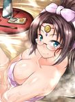  bad_id bad_pixiv_id bare_shoulders blue_eyes bottle bow breasts brown_hair chopsticks circlet cleavage decchi_oyabun food glasses highres long_hair medium_breasts naked_towel onsen original partially_submerged ponytail sake_bottle smile solo towel tray water wet 