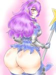  1girl armor artist_request ass blush breasts curvy disgaea disgaea_d2 female from_behind gauntlets hairband heavy_knight_(disgaea) huge_ass lance long_hair looking_back pointy_ears polearm purple_eyes purple_hair solo thighhighs was_gero weapon wide_hips 