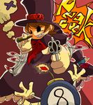  8 avery_(skullgirls) bomb character_name cigar dress female fuse george_the_bomb gloves grin gun hat mechanical_arms number orange_hair peacock_(skullgirls) red_eyes revolver ribbon sharp_teeth short_hair skull skullgirls smile smoke teeth top_hat weapon x_x 