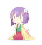  chibi hair_ornament hieda_no_akyuu highres japanese_clothes kimono looking_at_viewer purple_hair short_hair simple_background sitting smile solo touhou tunamayochan white_background |_| 