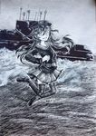  belt blouse communism highres long_hair looking_at_viewer military military_uniform monochrome mouth naval_uniform navy original russian sententia_(senhariko) ship skirt smile socks solo soviet_union star submarine thighhighs traditional_media translated uniform water watercraft 