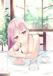  absurdres bra_strap breasts camisole casual chair cleavage food highres long_hair looking_at_viewer medium_breasts original parted_lips pink_eyes pink_hair pudding restaurant smile solo table tunamayochan 