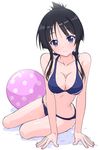  akiyama_mio arm_support ball beachball bikini black_hair blue_bikini blue_eyes breasts cleavage folded_hair k-on! k10k light_smile long_hair looking_at_viewer medium_breasts shiny shiny_skin simple_background sitting solo swimsuit wet white_background yokozuwari 